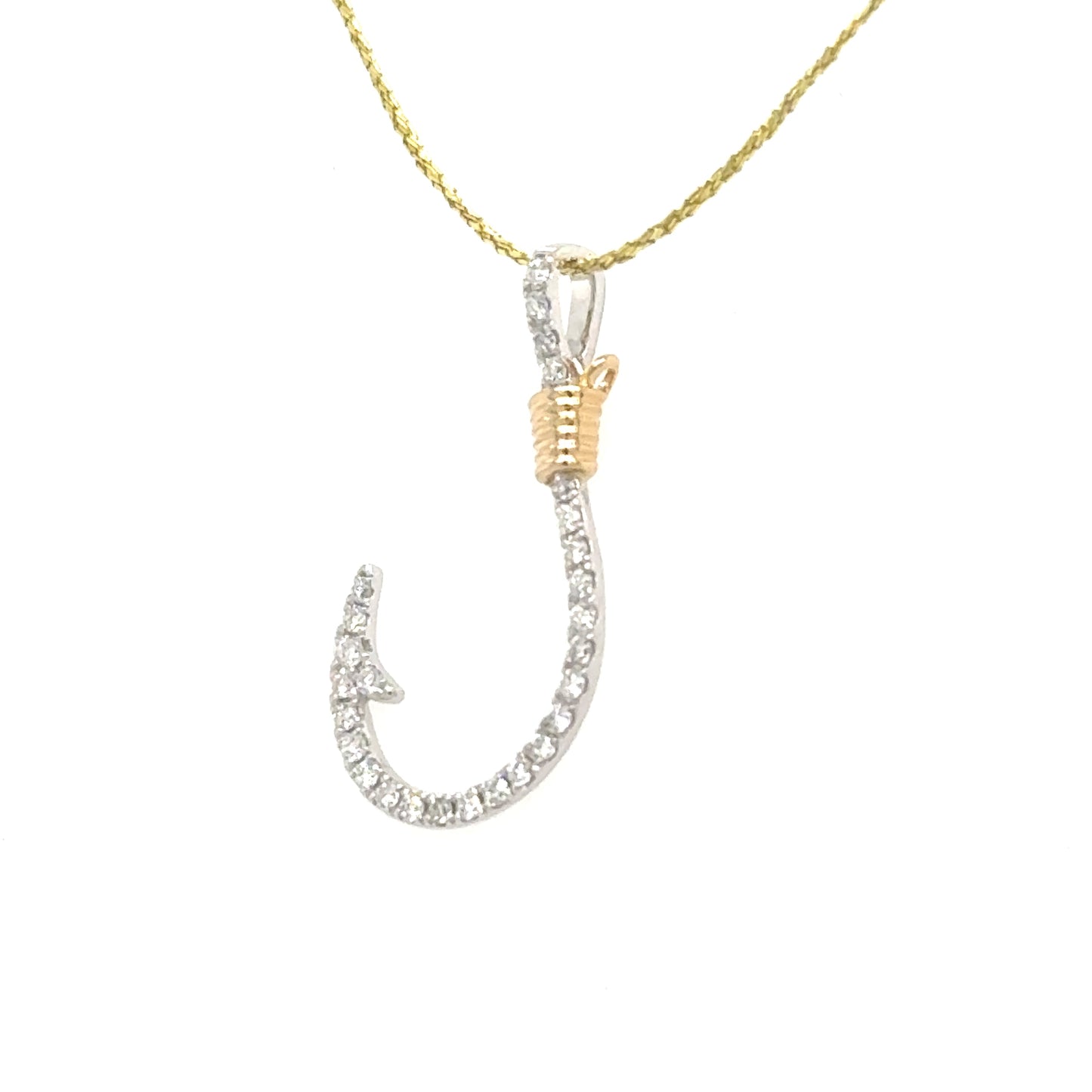 14K white gold diamond hook pendant with yellow gold cable wrap accent.
