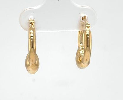 14K yellow gold small tube hoop earrings with puffed heart accents.