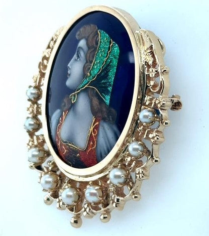 14K Yellow Gold French Hand Painted Cameo Brooch, Victorian Era
