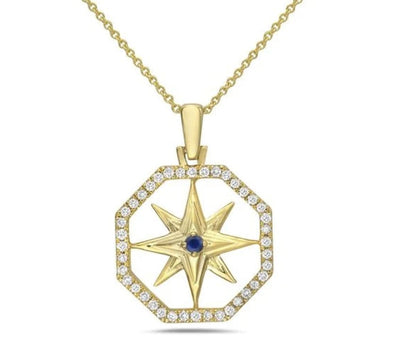 14K Yellow Gold Compass Rose Diamond Sapphire Pendant Necklace