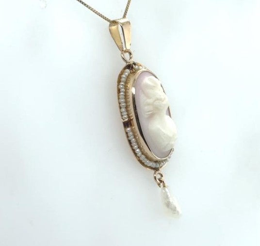 10K Yellow Gold Petite Carved Shell Cameo Seed Pearl Pendant