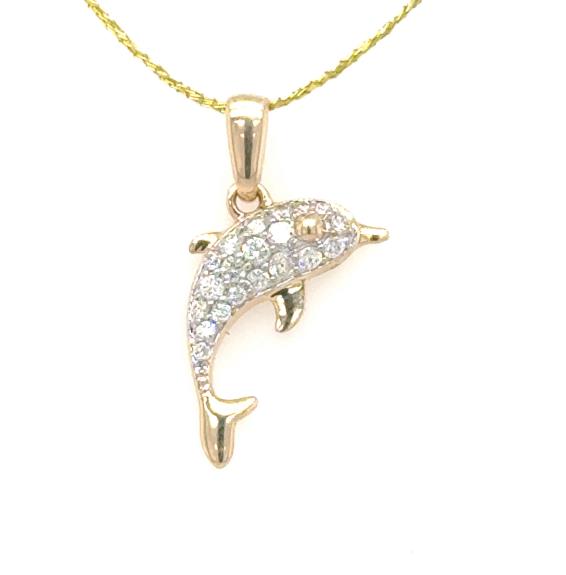 14K Yellow Gold Petite Pave Diamond Dolphin Pendant