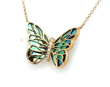 14K Yellow Gold Abalone & Diamond Butterfly Pendant with Chain