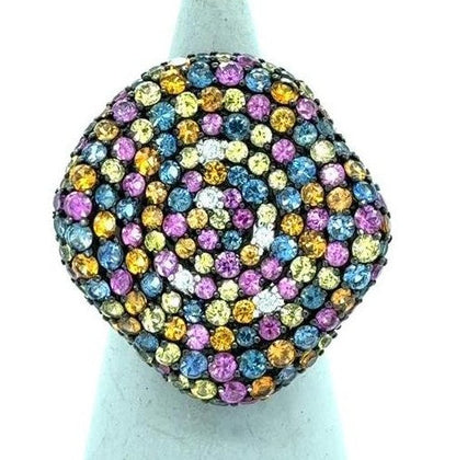 14K White Gold Multi-Color Sapphire & Diamond Statement Ring