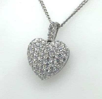 18K White Gold Pave Diamond Heart Pendant - 1.37ctw, 16" Chain