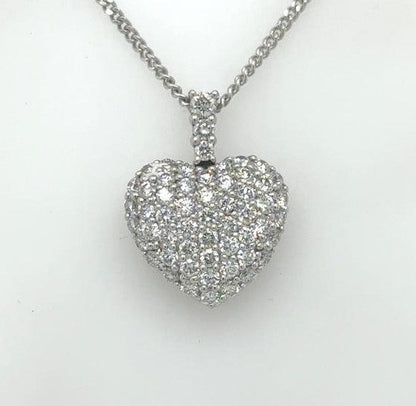 18K White Gold Pave Diamond Heart Pendant - 1.37ctw, 16" Chain