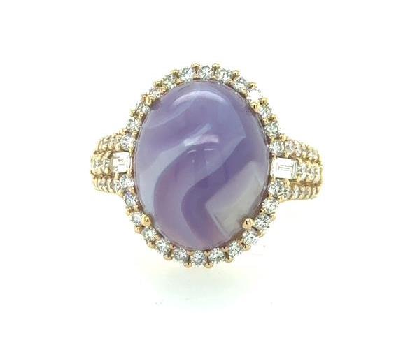 18K Yellow Gold Grapesicle Chalcedony & Diamond Halo Ring