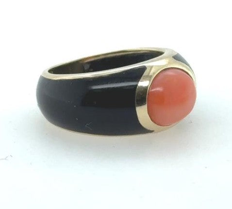 14K Yellow Gold Coral and Black Onyx Ring for Women