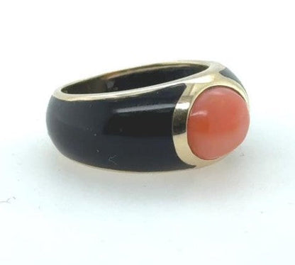 14K Yellow Gold Coral and Black Onyx Ring for Women