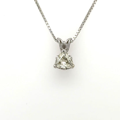 14K white gold pendant with trillion‑cut diamond in three‑prong basket and rabbit‑ear bail.