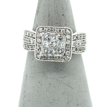 14K White Gold 1.32ctw Diamond Cluster Engagement Ring Size 7
