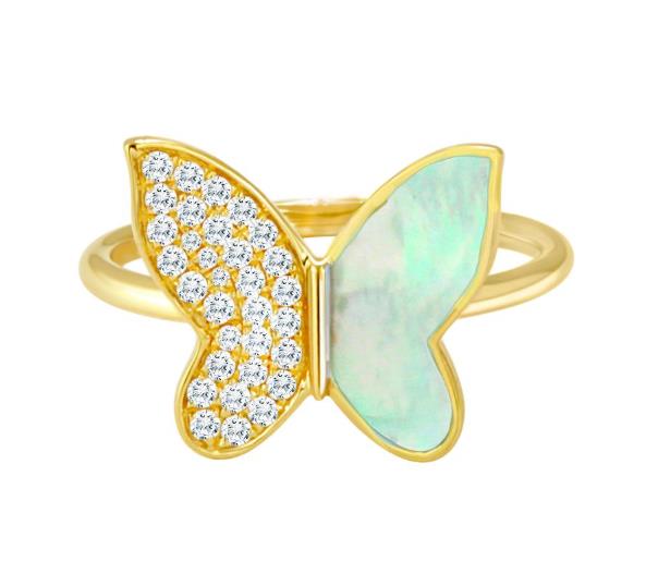 14K Yellow Gold Diamond & Mother of Pearl Butterfly Ring