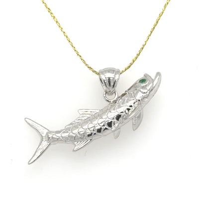 14K white gold tarpon pendant with textured scales and green emerald eye.