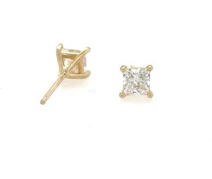 14K yellow gold stud earrings with princess-cut diamonds in four-prong martini settings.
