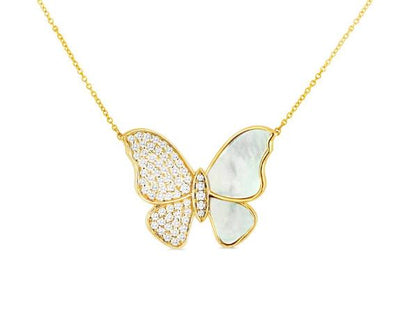 14K Yellow Gold Diamond & Mother of Pearl Butterfly Pendant