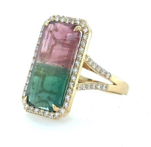 18K Yellow Gold Watermelon Tourmaline & Diamond Halo Ring
