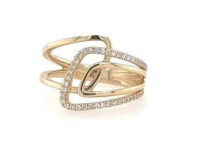 14K yellow gold openwork band with asymmetrical shapes and pavé-set round diamonds.