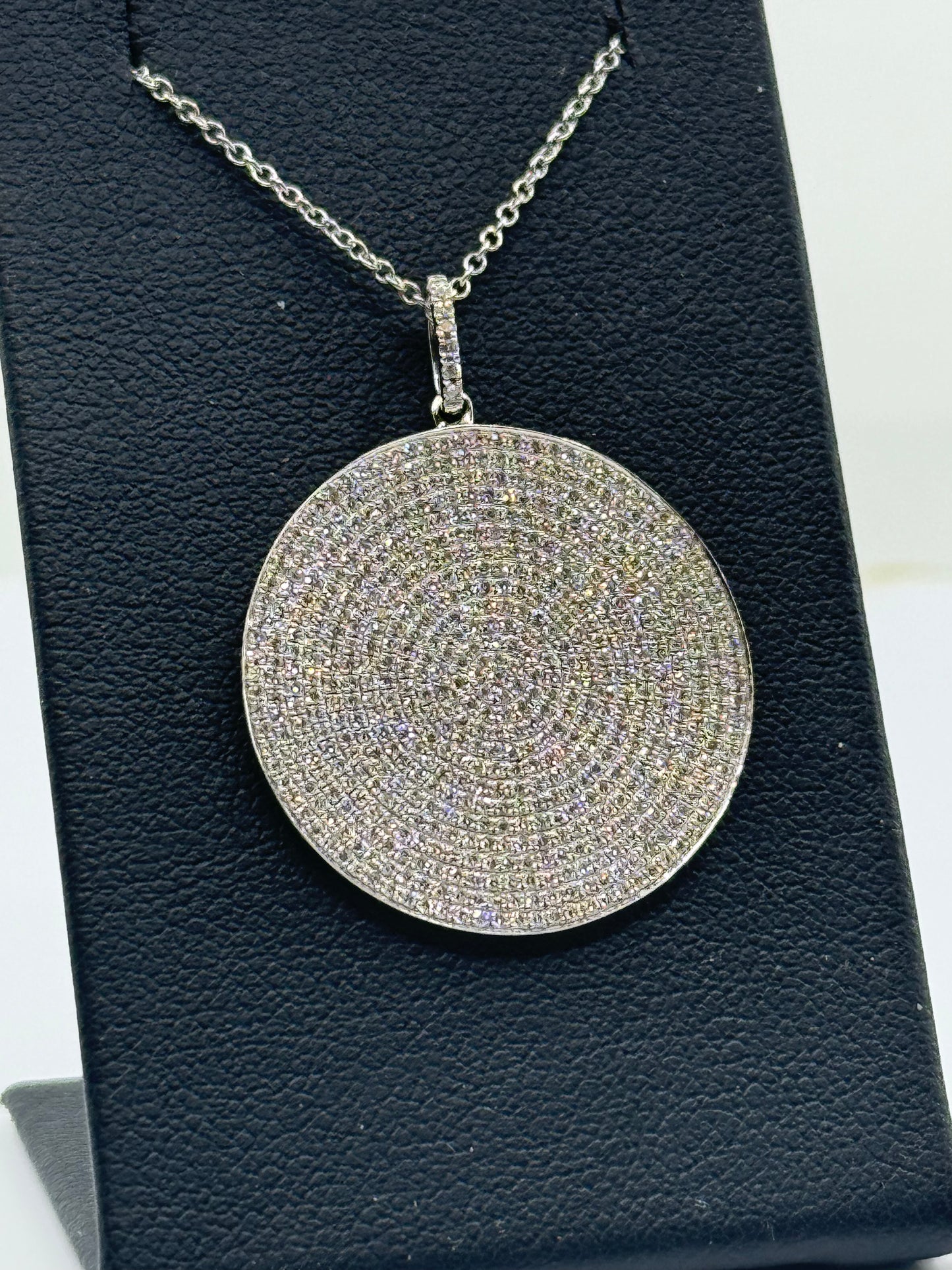 14K White Gold Diamond Pave Disc Pendant & Chain