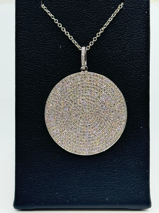 14K White Gold Diamond Pave Disc Pendant & Chain