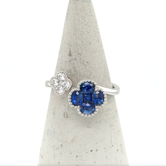 18K White Gold Sapphire and Diamond Clover Ring