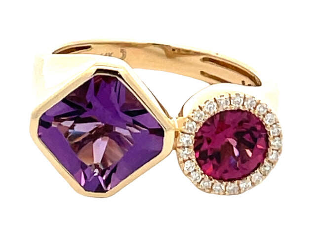 14K Yellow Gold Amethyst & Rhodolite Garnet & Diamond Toi et Moi Ring