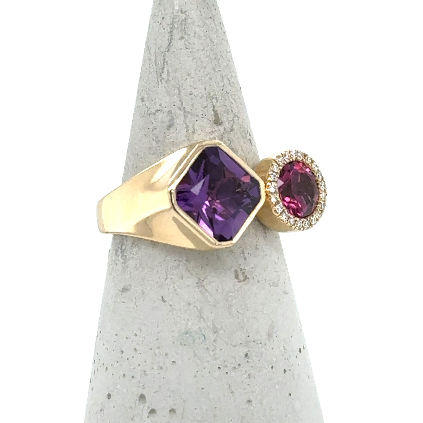 14K Yellow Gold Amethyst & Rhodolite Garnet & Diamond Toi et Moi Ring