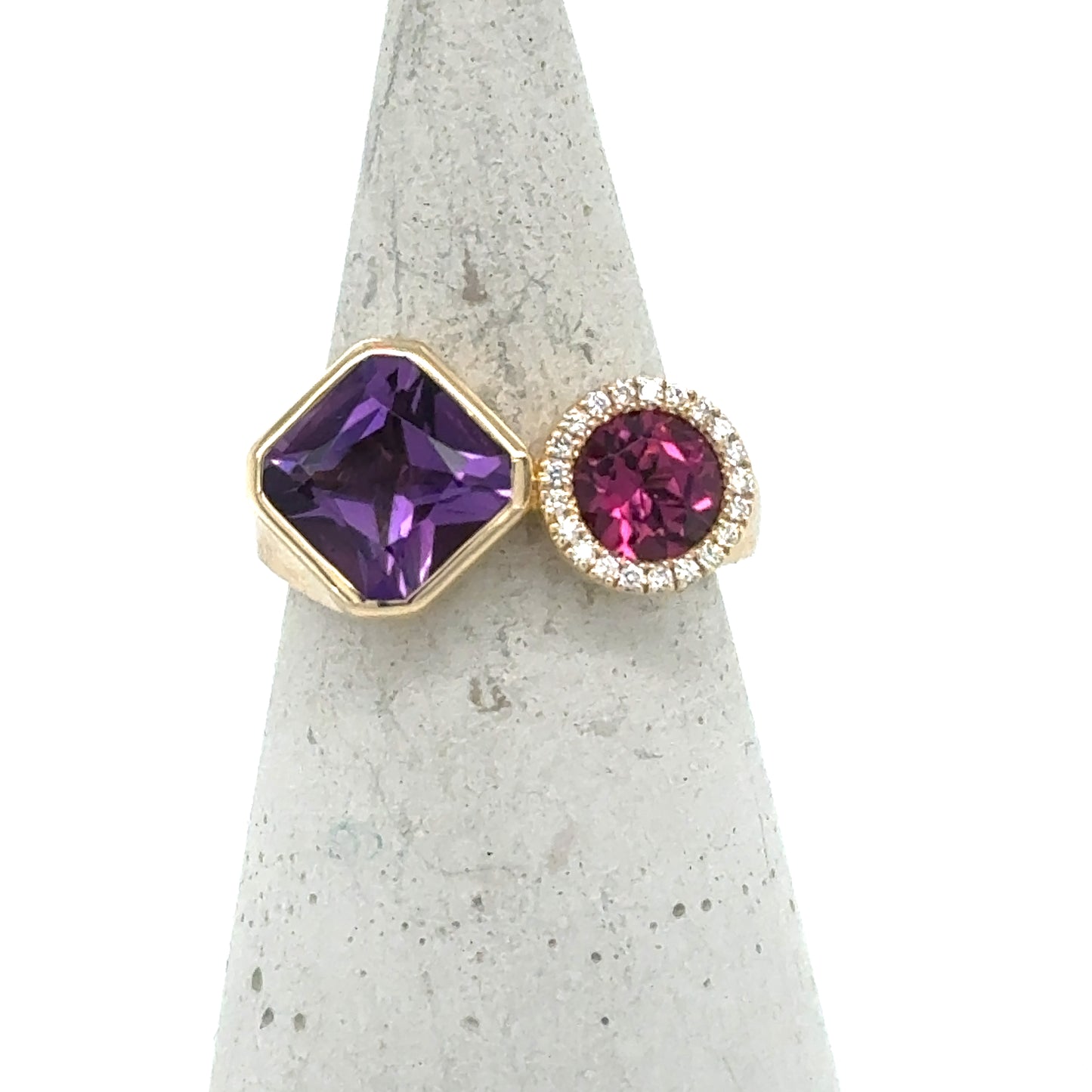 14K Yellow Gold Amethyst & Rhodolite Garnet & Diamond Toi et Moi Ring