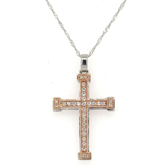 14K White & Rose Gold Diamond Cross Pendant