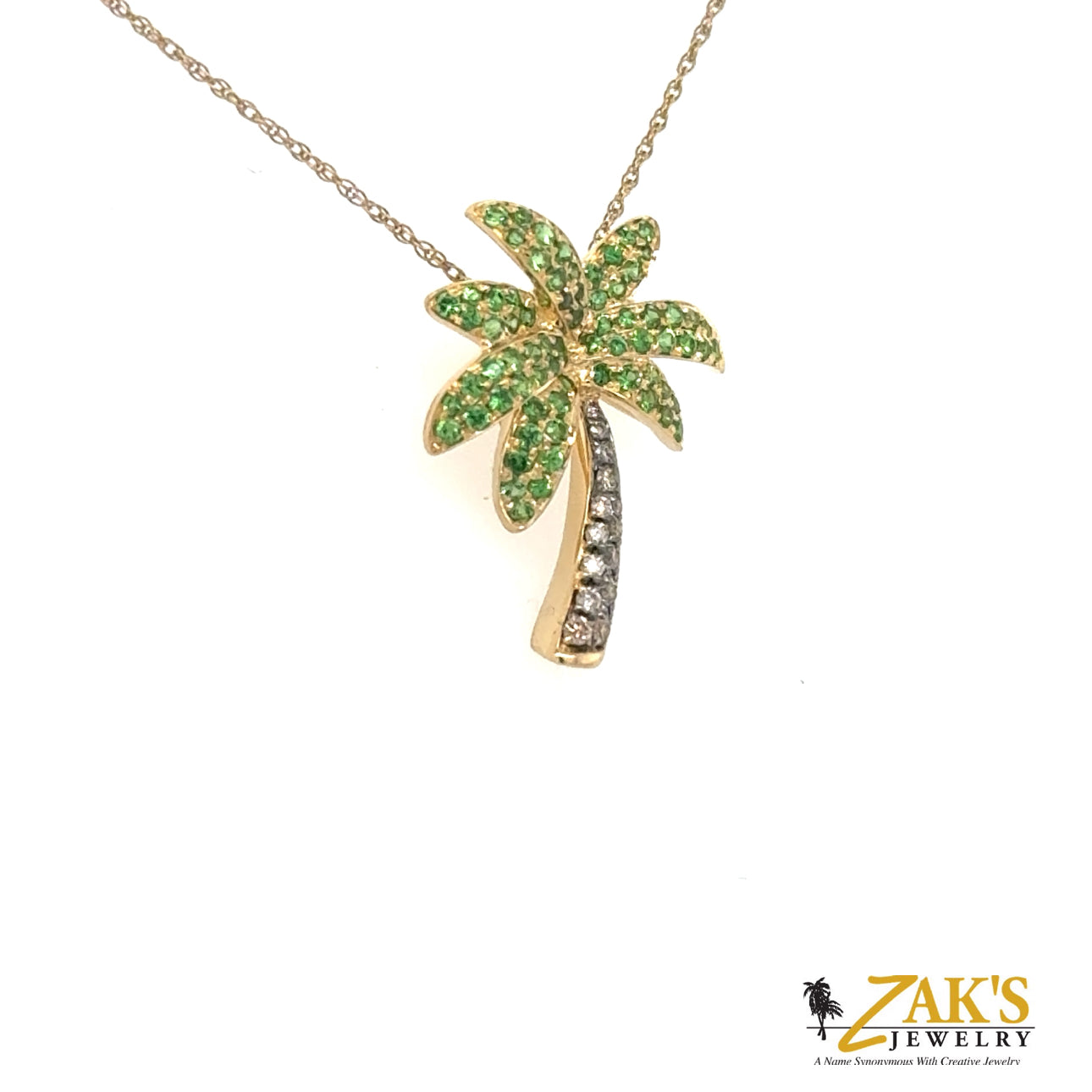 14K Yellow Gold Tsavorite & Chocolate Diamond Palm Tree Pendant