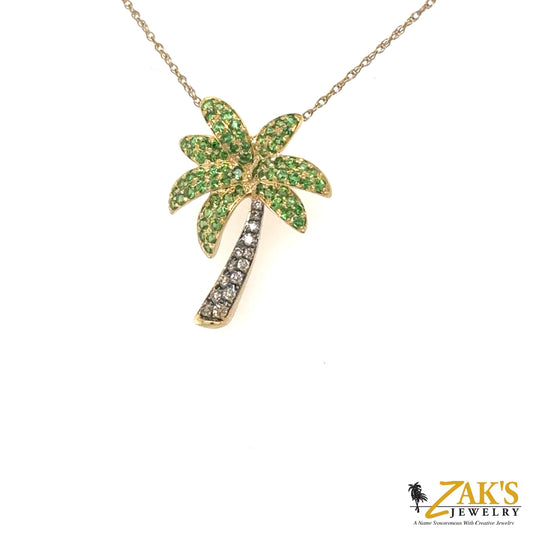 14K Yellow Gold Tsavorite & Chocolate Diamond Palm Tree Pendant