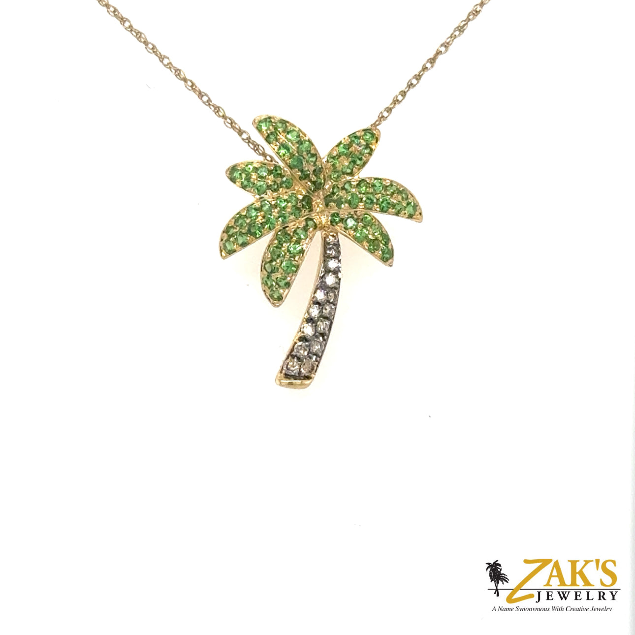 14K Yellow Gold Tsavorite & Chocolate Diamond Palm Tree Pendant