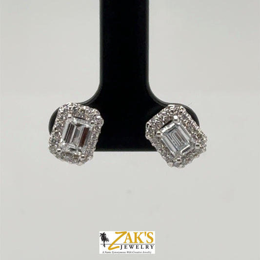 14K White Gold LabGrown Diamond Emerald Cut Halo Stud Earrings