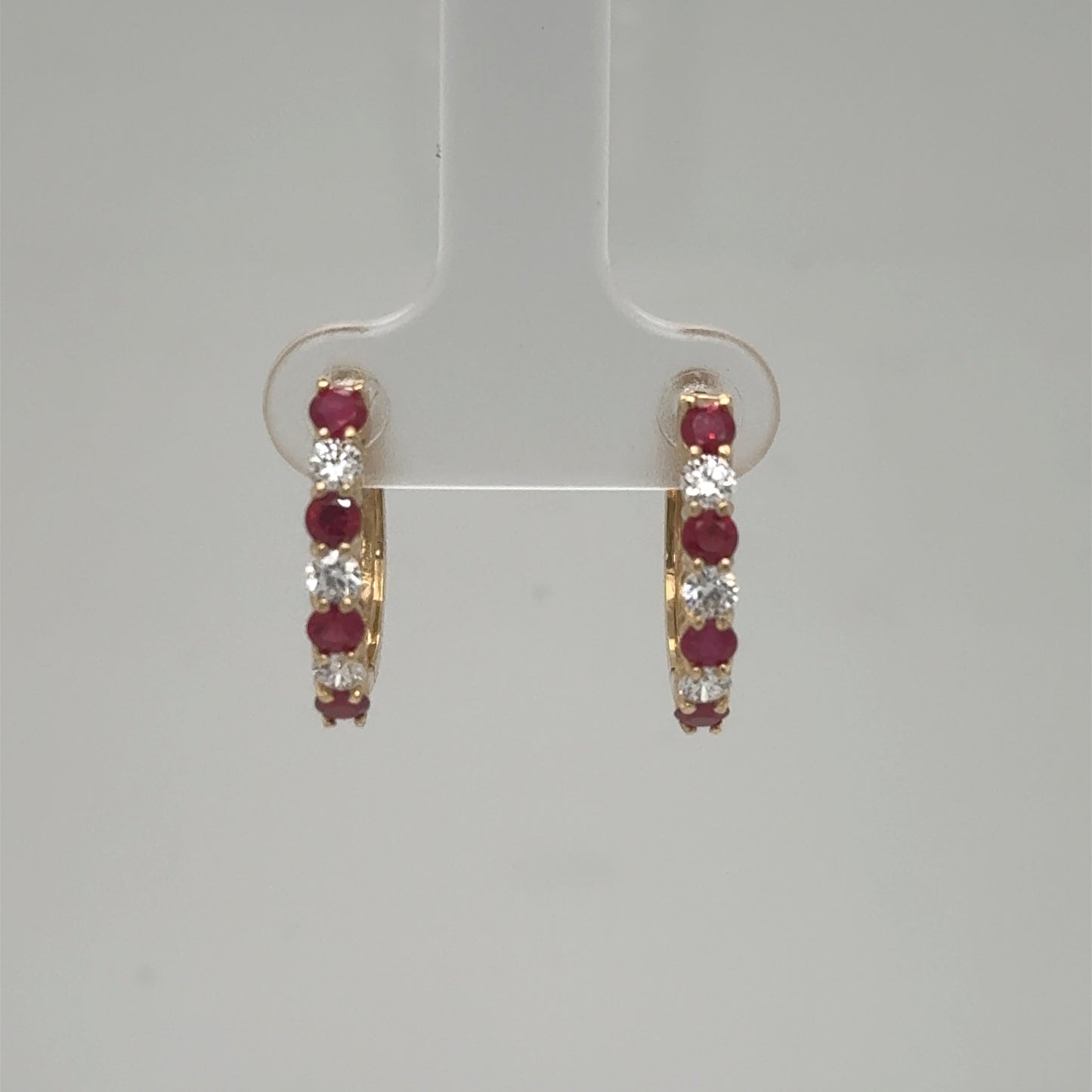 14K Yellow Gold Ruby & Diamond Hoop Earrings