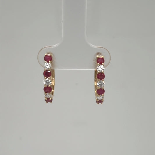 14K Yellow Gold Ruby & Diamond Hoop Earrings