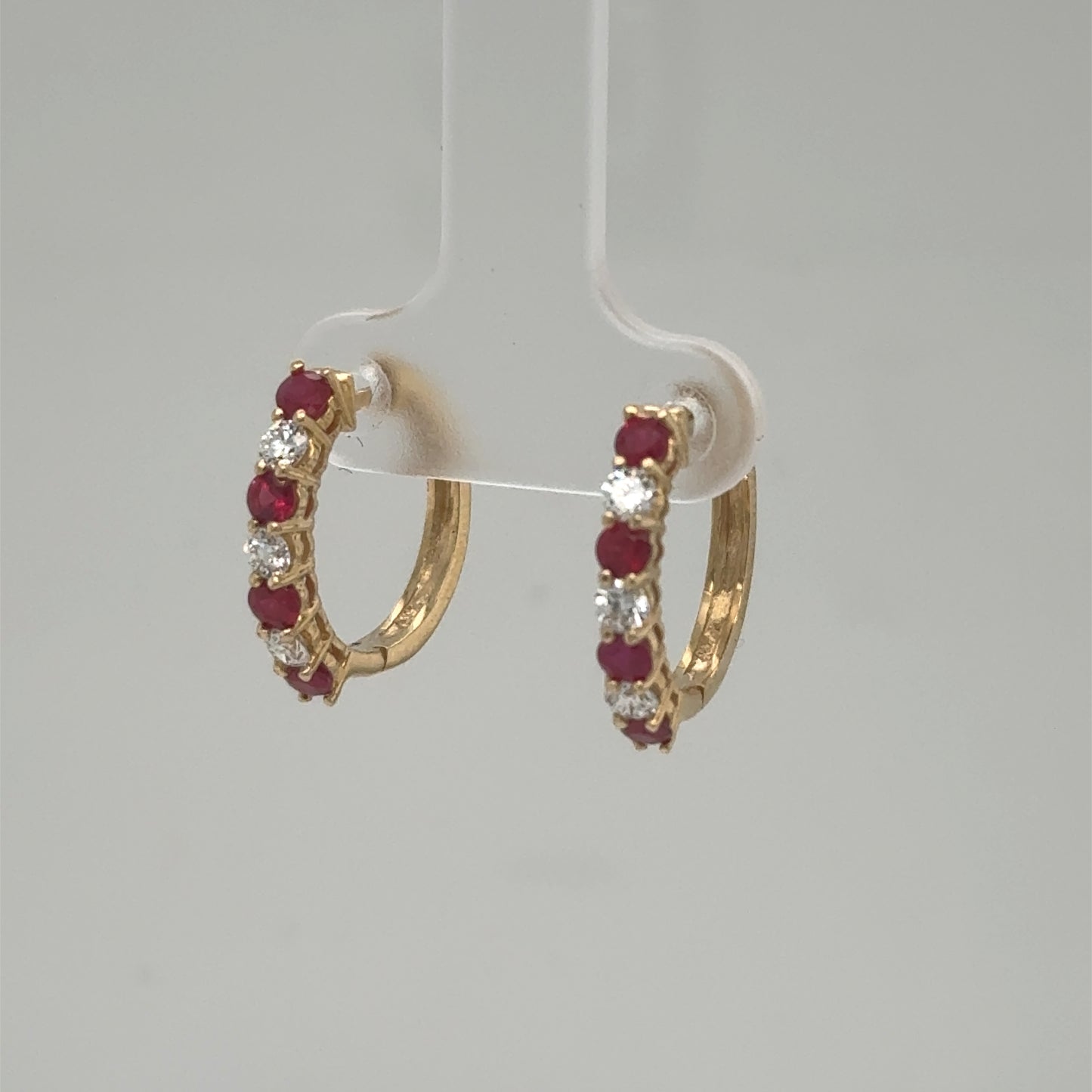 14K Yellow Gold Ruby & Diamond Hoop Earrings