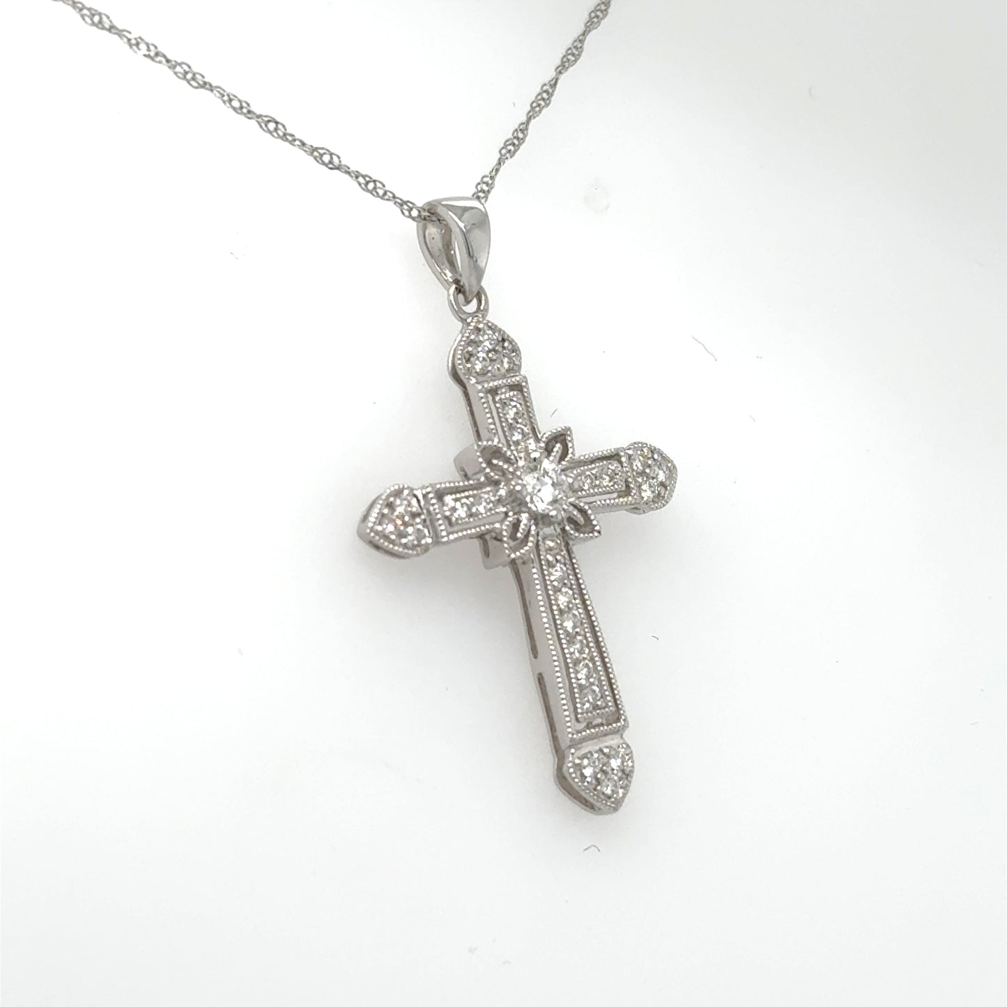 14K White Gold Diamond Cross Pendant