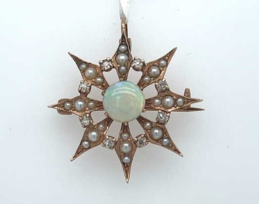 14K Antique Opal, Diamond & Seed Pearl Pin Pendant