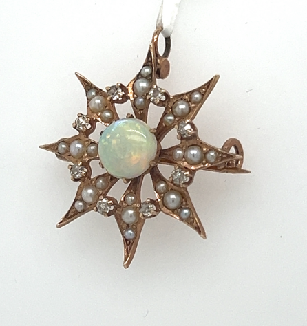 14K Antique Opal, Diamond & Seed Pearl Pin Pendant