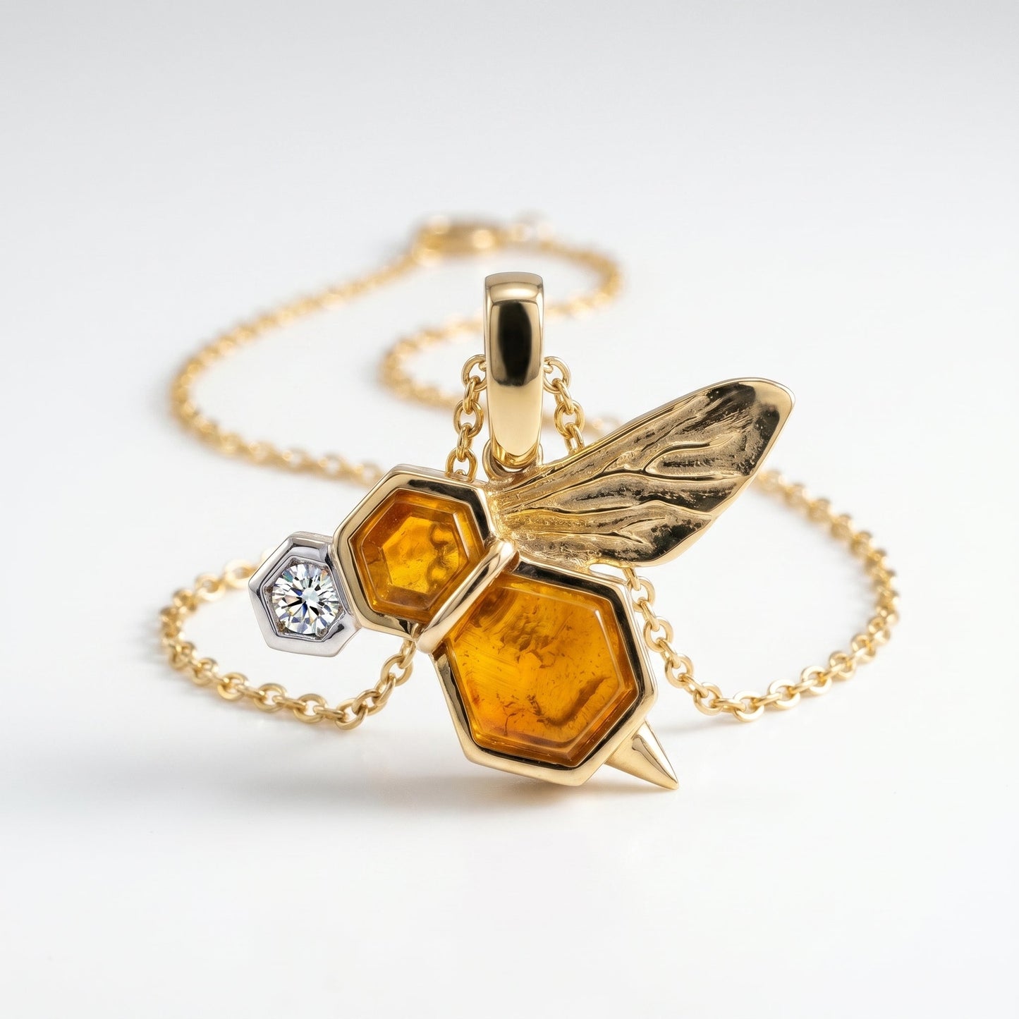 14K Yellow Gold BeeWing Pendant with Amber, Diamond, Pollen & Honey