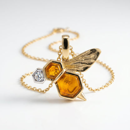 14K Yellow Gold BeeWing Pendant with Amber, Diamond, Pollen & Honey