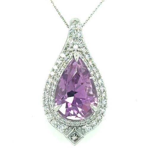 18K White Gold Pear Kunzite & Diamond Halo Pendant Necklace