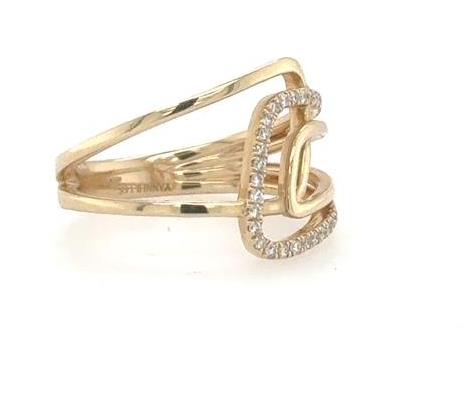 14K yellow gold openwork band with geometric loops and pavé-set round diamonds.
