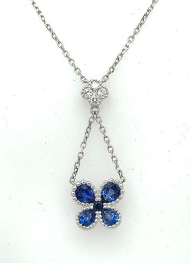 14K White Gold Sapphire & Diamond Clover Pendant Necklace