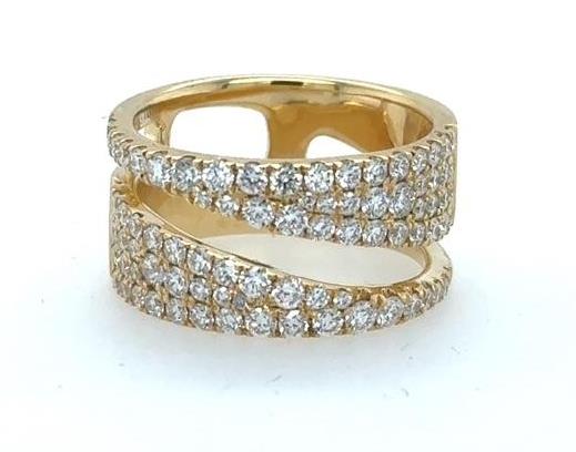 18K yellow gold freeform wide band with pavé-set round white diamonds.