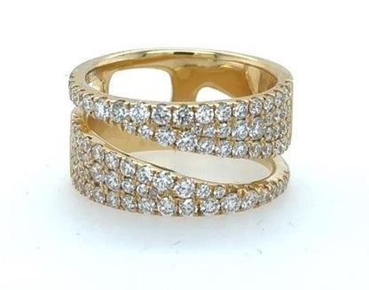 18K yellow gold freeform wide band with pavé-set round white diamonds.