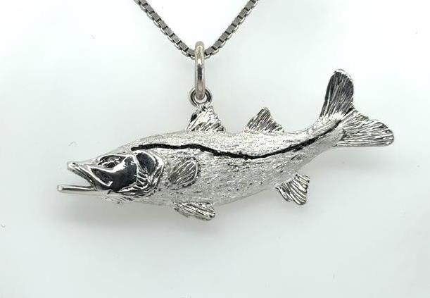 Sterling Silver 3D Snook Fish Pendant Charm 1.5"