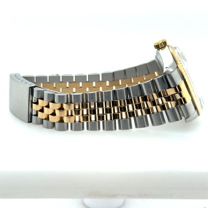 Two-tone stainless steel and yellow gold Jubilee bracelet with fluted bezel side view.