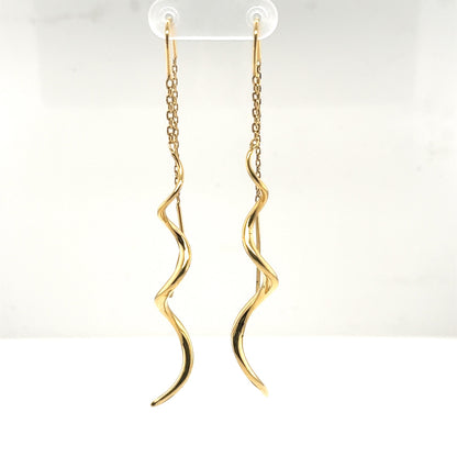 14K yellow gold threader earrings with twisted tubing drops and fine chains.