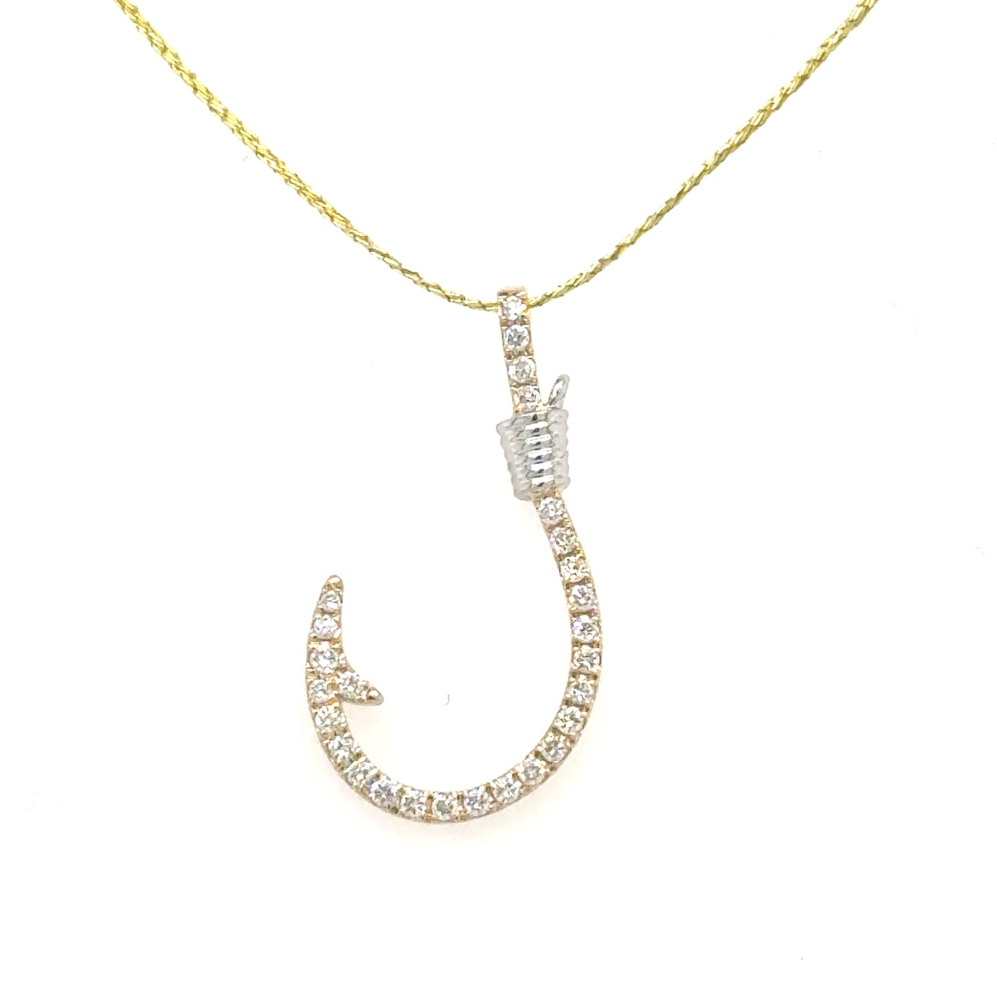Diamond-studded fishhook pendant in 14K white and yellow gold with wrapped accent.