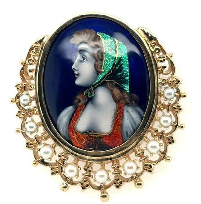 14K Yellow Gold French Hand Painted Cameo Brooch, Victorian Era